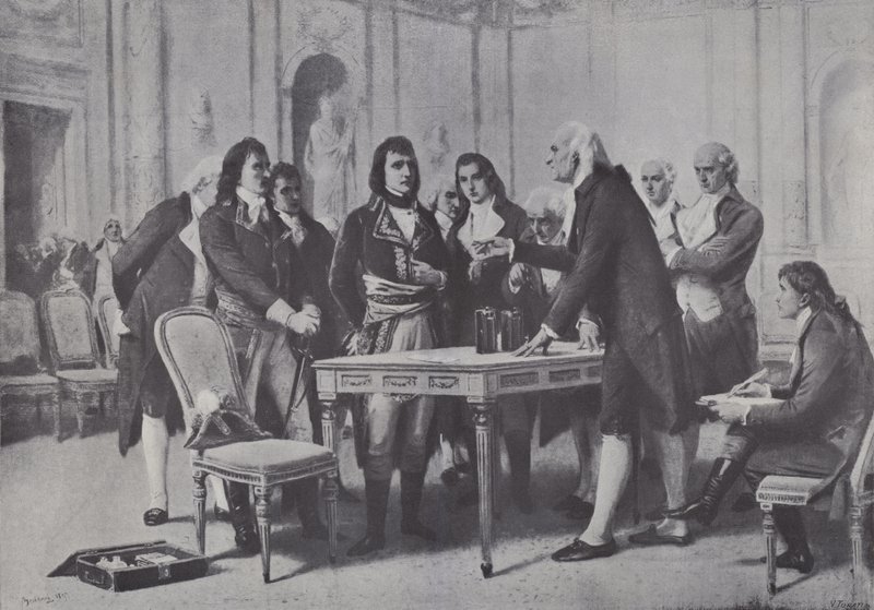 Alessandro Volta demonstrerar sitt batteri för Napoleon, Frankrikes förste konsul, 1801 av Giuseppe Bertini