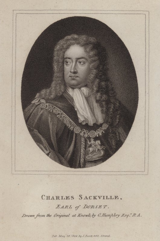 Charles Sackville, 6:e earl av Dorset, engelsk poet och hovman (gravyr) av Godfrey (after) Kneller