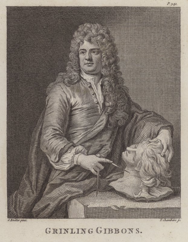 Grinling Gibbons, engelsk träsniderare och skulptör (gravyr) av Godfrey (after) Kneller