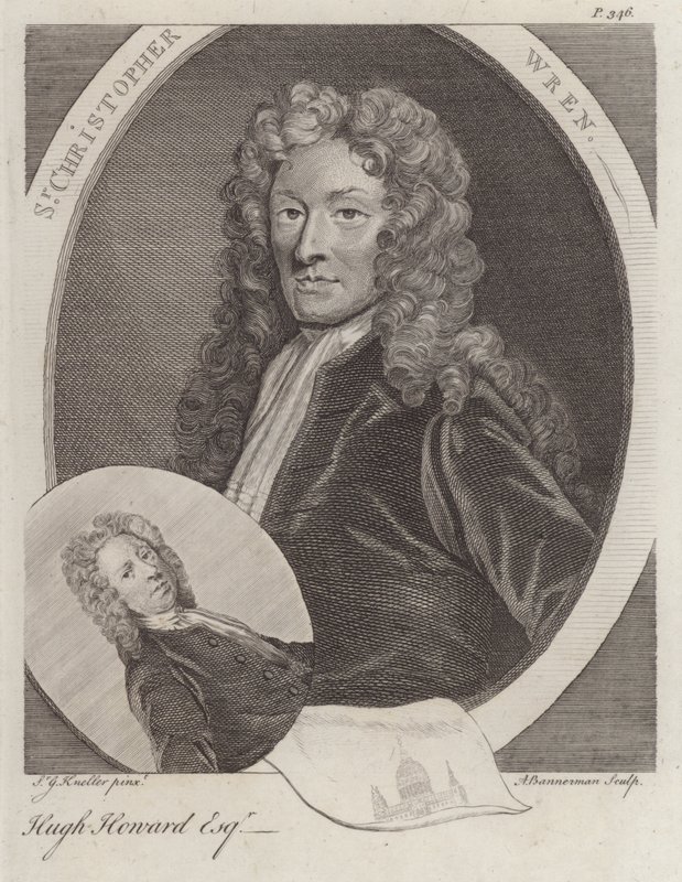 Sir Christopher Wren, engelsk arkitekt, och Hugh Howard, engelsk konstnär och samlare (gravyr) av Godfrey (after) Kneller
