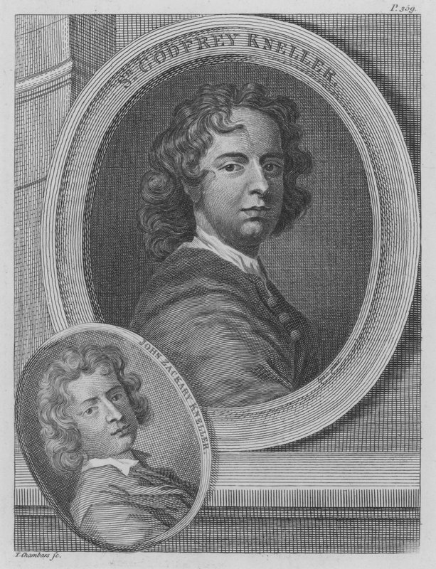 Sir Godfrey Kneller och John Zacharias Kneller, tyska konstnärer verksamma i England (gravyr) av Godfrey (after) Kneller