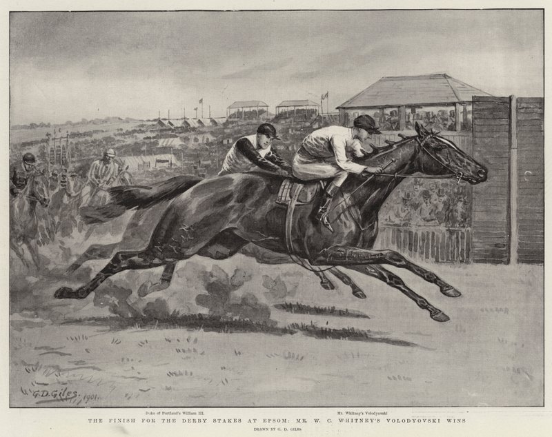 Avslutningen för Derby Stakes i Epsom, Mr W C Whitneys Volodyovski vinner av Godfrey Douglas Giles