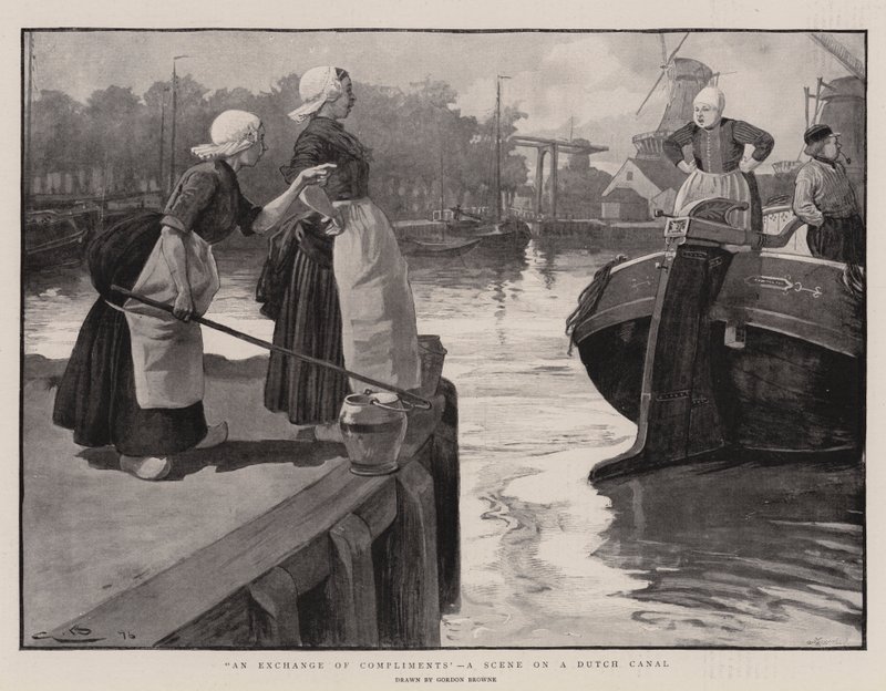 En udveksling af komplimenter, en scene på en hollandsk kanal swed av Gordon Frederick Browne