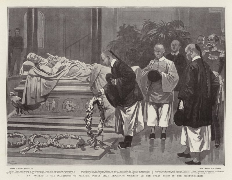 En incident i botens pilgrimsfärd; Prins Chun deponerar kransar på de kungliga gravarna i Friedenskirche av Gordon Frederick Browne