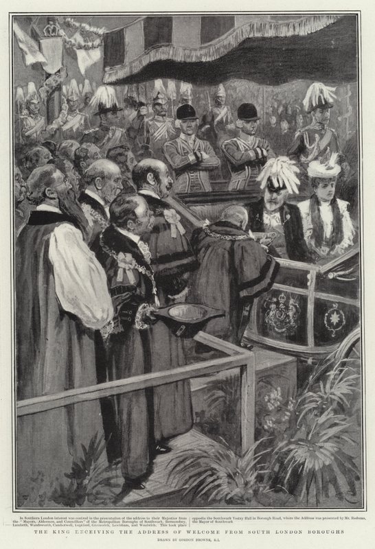 Kungen tar emot välkomstadressen från South London Boroughs av Gordon Frederick Browne