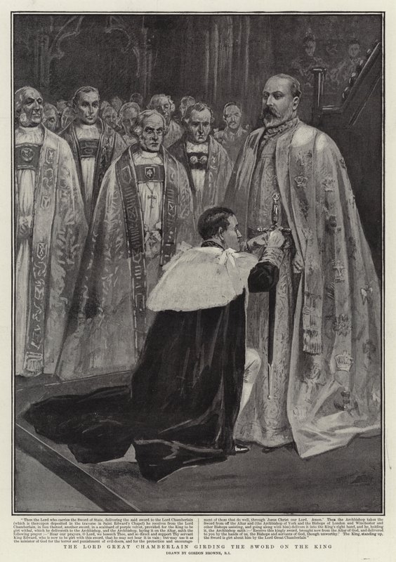 Lord Storkammarherren som omgjordar kungen med svärdet. av Gordon Frederick Browne