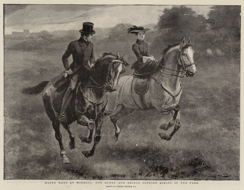 Lyckliga dagar i Windsor, drottningen och prinsgemålen rider i parken av Gordon Frederick Browne