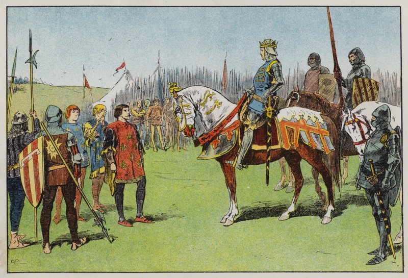 Henrik V före slaget vid Agincourt (färg litho) av Gordon Frederick Browne