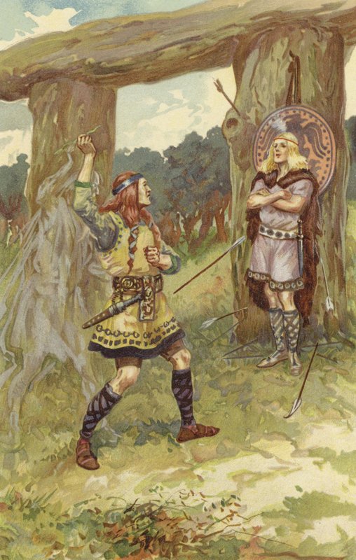 Hodur tog misteln från Loke, och Loke styrde hans arm, och han kastade den mot Baldur, och med ett skarpt rop föll Baldur död (chromolitho) av Gordon Frederick Browne