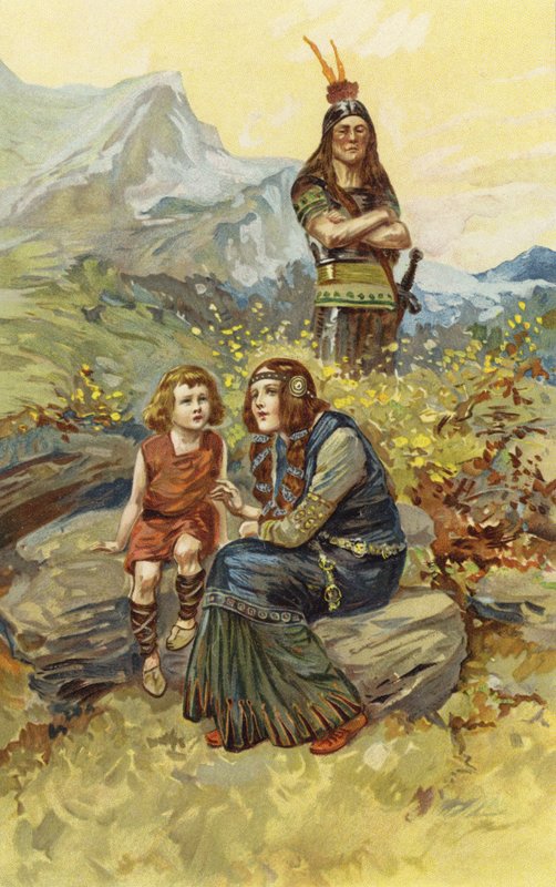 Bondkvinnan och Olaf, hennes son, satt i morgonsolen (chromolitho) av Gordon Frederick Browne