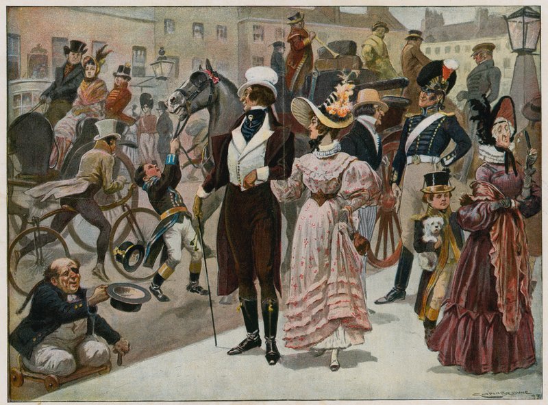 De första dagarna av vårt århundrade - Piccadilly, London, år 1800; färgplatta av Gordon Frederick Browne