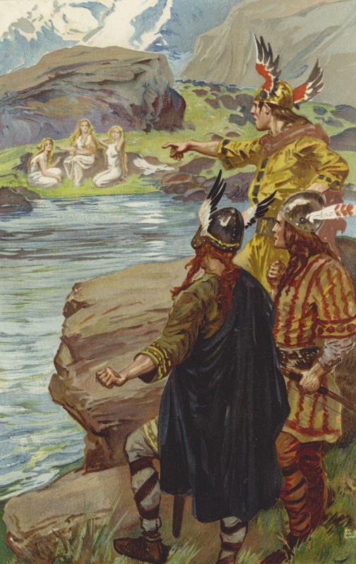 De såg på kanten av sjön tre jungfrur som satt och snurrade lin (chromolitho) av Gordon Frederick Browne