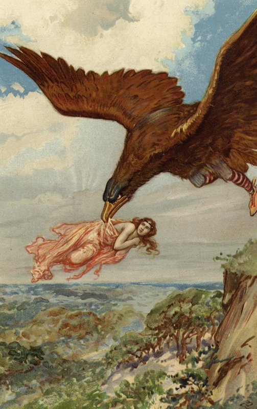 Thjassi, jätten, flög ner i sin örnfjäderdräkt och fångade upp Iduna (chromolitho) av Gordon Frederick Browne