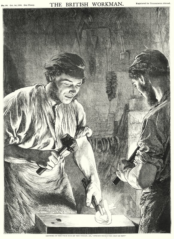 Att komma in i den tunna änden av kilen, eller "Slå medan järnet är varmt" (gravyr) av Gourlay Steel