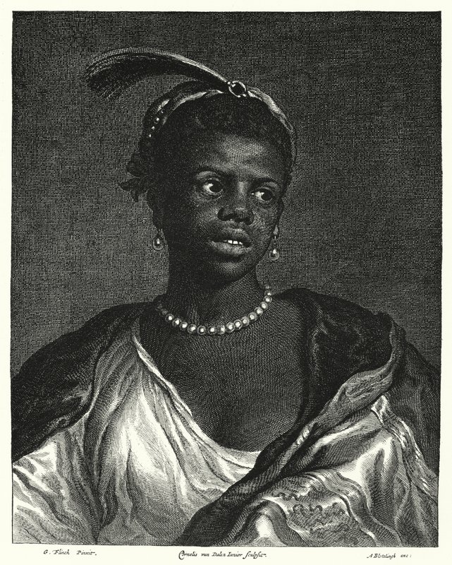 Porträtt av en svart kvinna (gravyr) av Govaert (after) Flinck