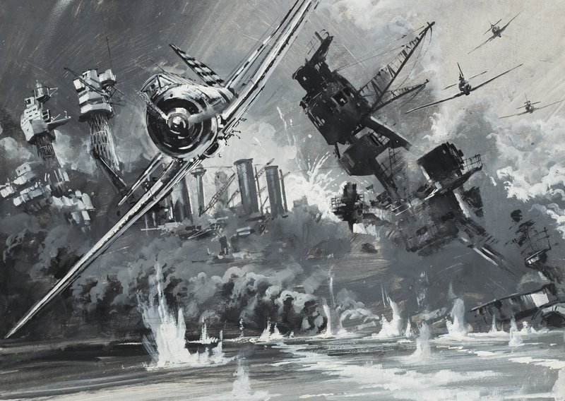 Pearl Harbour, 7 december 1941 (gouache på papper) av Graham Coton