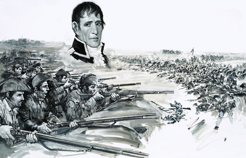 Porträtt av general Andrew Jackson ovanför bild av det brittiska nederlaget vid New Orleans 1815 av Graham Coton
