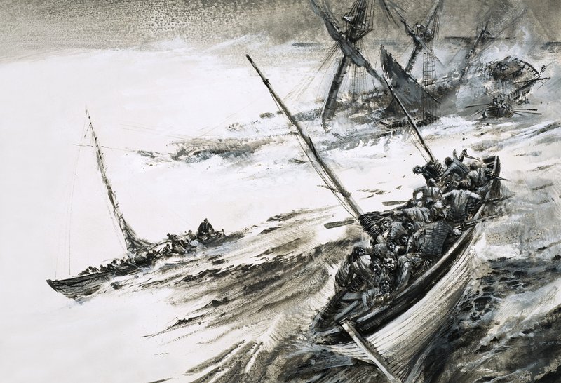 Oidentifierat skeppsvrak med livbåtar som flyr ut i stormigt hav av Graham Coton