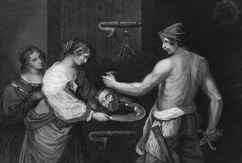 Johannes Döparens huvud fördes in i en laddare, Matteus, kap XIV, vs 6 av Guercino (1591 1666) (after)