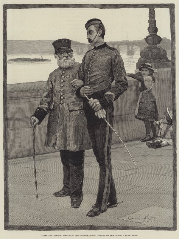 Efter granskningen, Waterloo och Tel-el-Kebir, en skiss på Chelsea Embankment av Gunning King