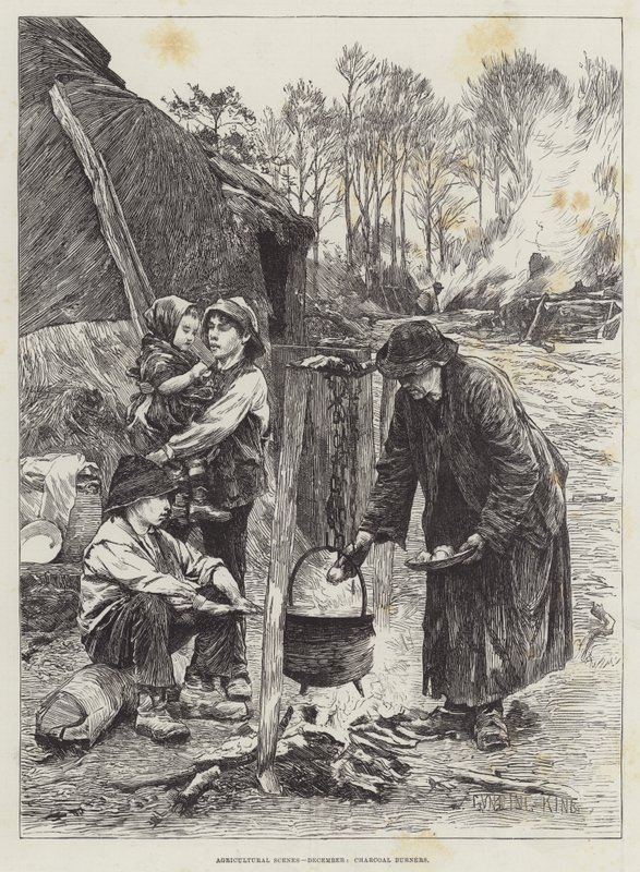 Jordbruksscener, december, kolbrännare av Gunning King