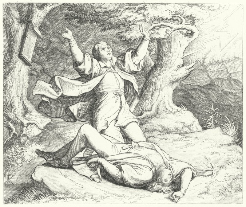 Alexis, vän till Martin Luther, efter att han träffades av blixten under deras resor, 1505 av Gustav Ferdinand Leopold Konig