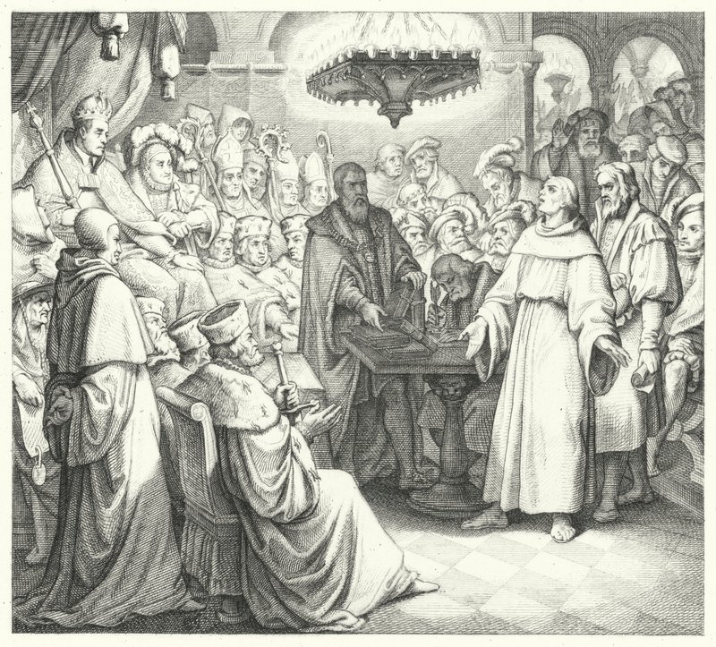 Martin Luther framträder inför kejsar Karl V vid riksdagen i Worms (gravyr) av Gustav Ferdinand Leopold Konig