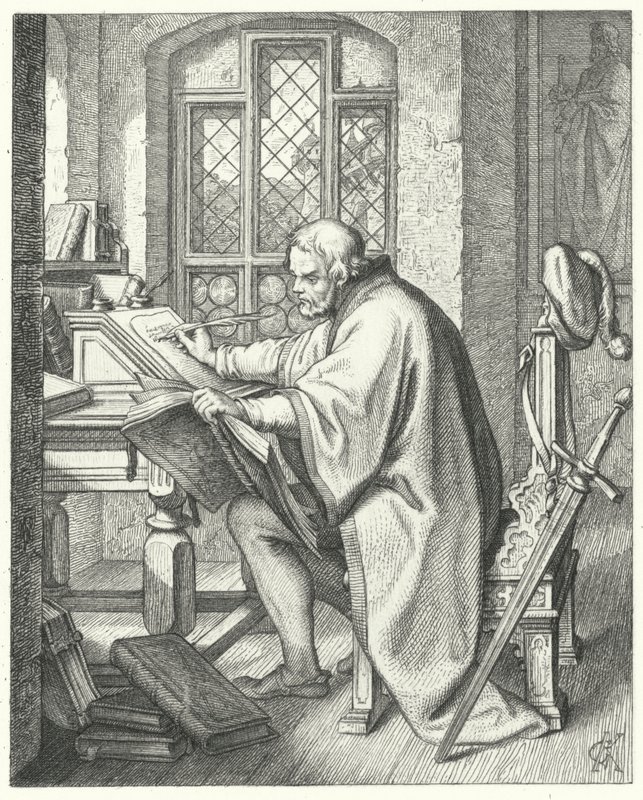Martin Luther börjar översättningen av Bibeln på slottet Wartburg (gravyr) av Gustav Ferdinand Leopold Konig