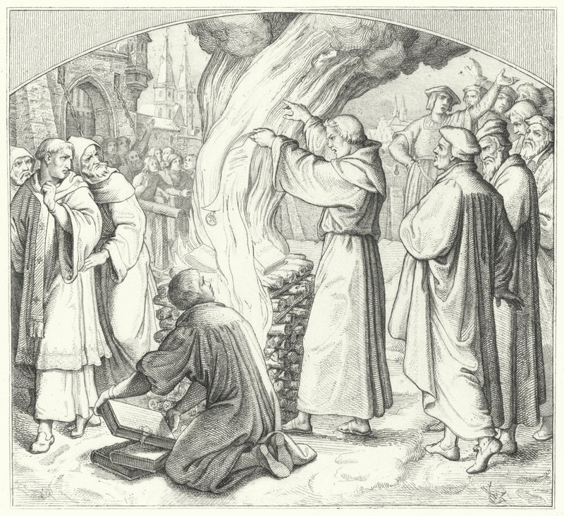 Martin Luther bränner den påvliga tjuren i Wittenberg, 1520 av Gustav Ferdinand Leopold Konig