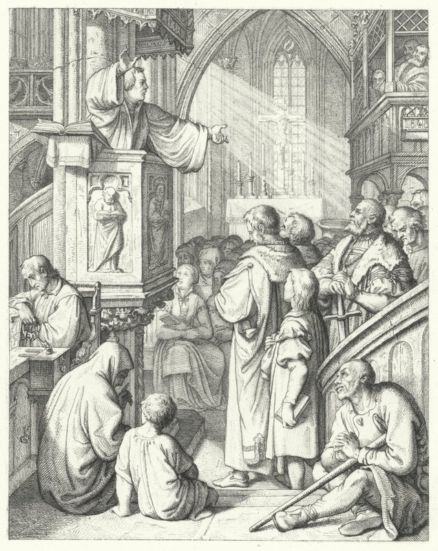 Martin Luther håller en predikan (gravyr) av Gustav Ferdinand Leopold Konig