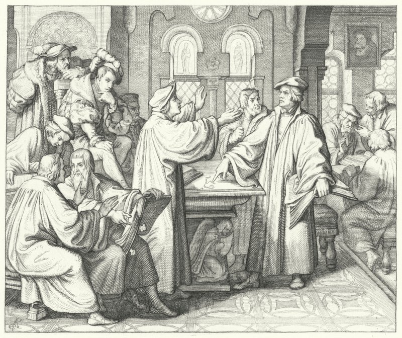 Martin Luther diskuterar sakramentet med Huldrych Zwingli (gravyr) av Gustav Ferdinand Leopold Konig