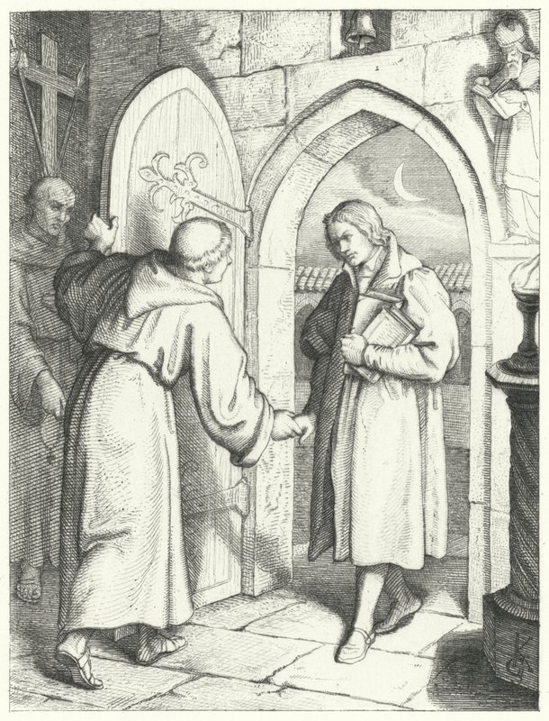 Martin Luther gick in i St Augustines-klostret i Erfurt den 17 juli 1505 av Gustav Ferdinand Leopold Konig