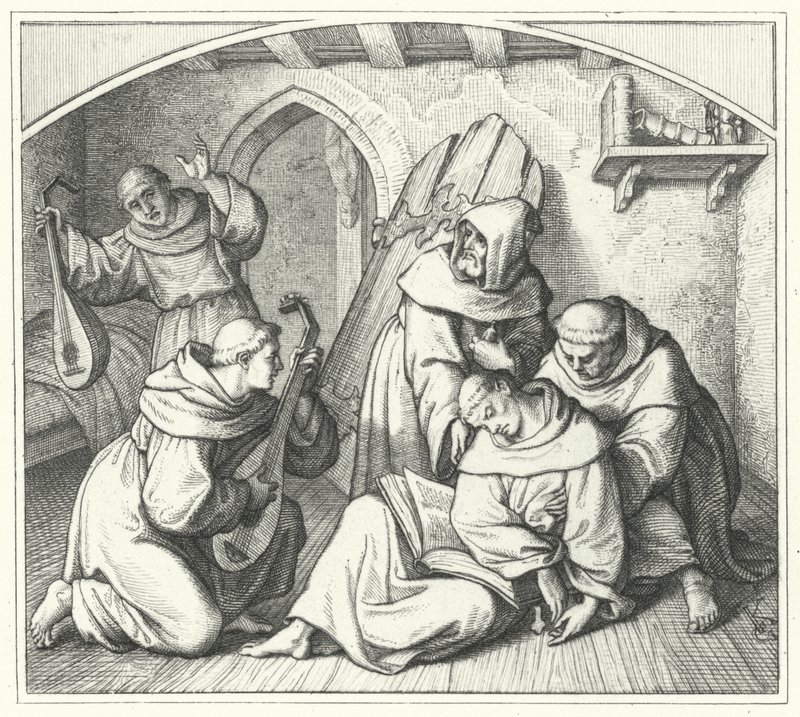 Martin Luther svimmar med en bibel i handen och hans vänner tar honom tillbaka till sansen (gravyr) av Gustav Ferdinand Leopold Konig