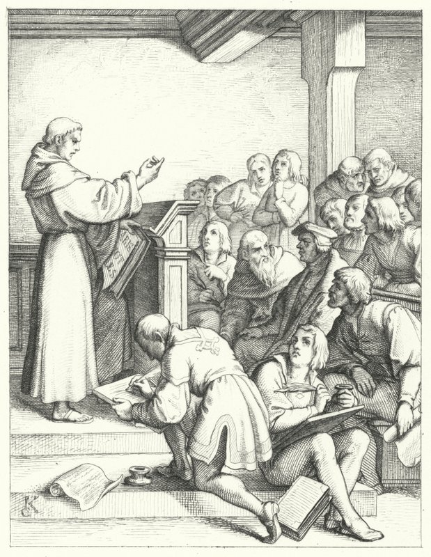 Martin Luther i en filosofi- och teologiföreläsning för sin kandidatexamen (gravyr) av Gustav Ferdinand Leopold Konig