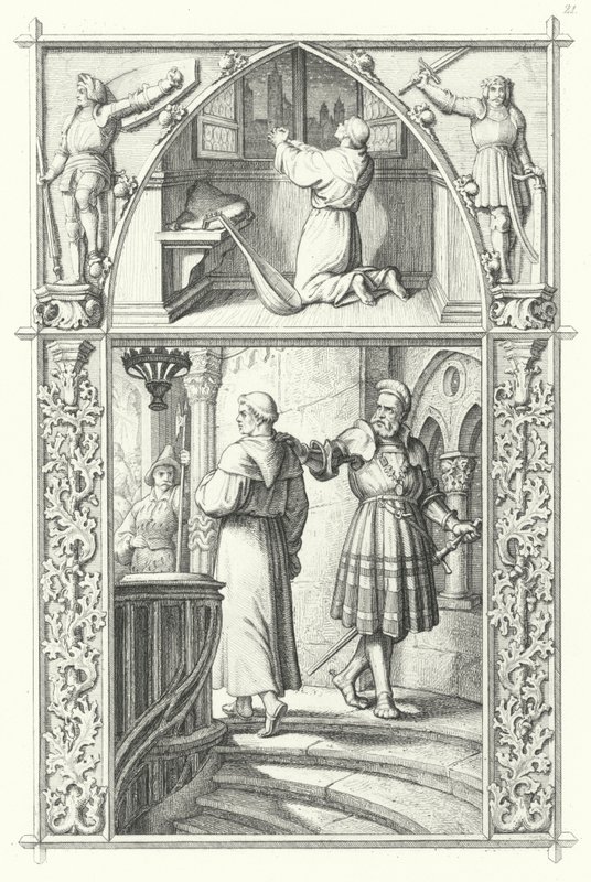 Martin Luther i bön när han förbereder sig för Worms diet (överst). Georg von Frundsberg ger uppmuntran till Martin Luther (nederst) (gravyr) av Gustav Ferdinand Leopold Konig
