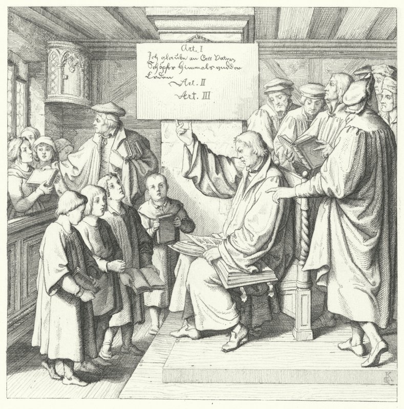 Martin Luther introducerar katekesen för skolbarn (gravyr) av Gustav Ferdinand Leopold Konig