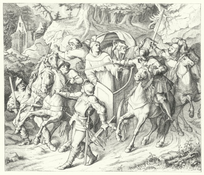 Martin Luther kidnappas när han återvänder från riksdagen i Worms 1521 av Gustav Ferdinand Leopold Konig