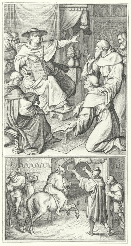 Martin Luther lämnar påvens legat i Wittenberg, Thomas Cajetan (överst). Martin Luther lämnar staden Augsburg (nederst) (gravyr) av Gustav Ferdinand Leopold Konig