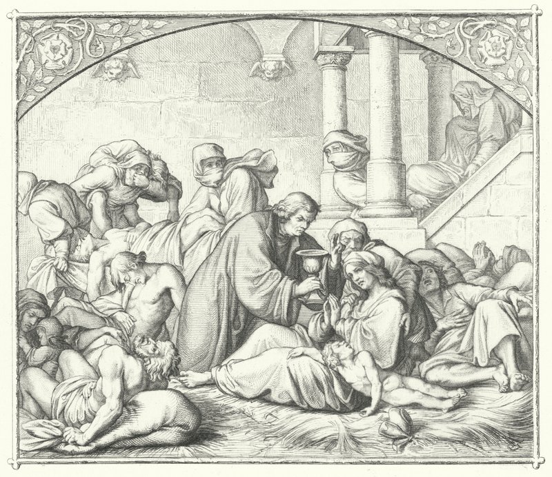 Martin Luther erbjuder tröst till de som lider av pesten (gravyr) av Gustav Ferdinand Leopold Konig