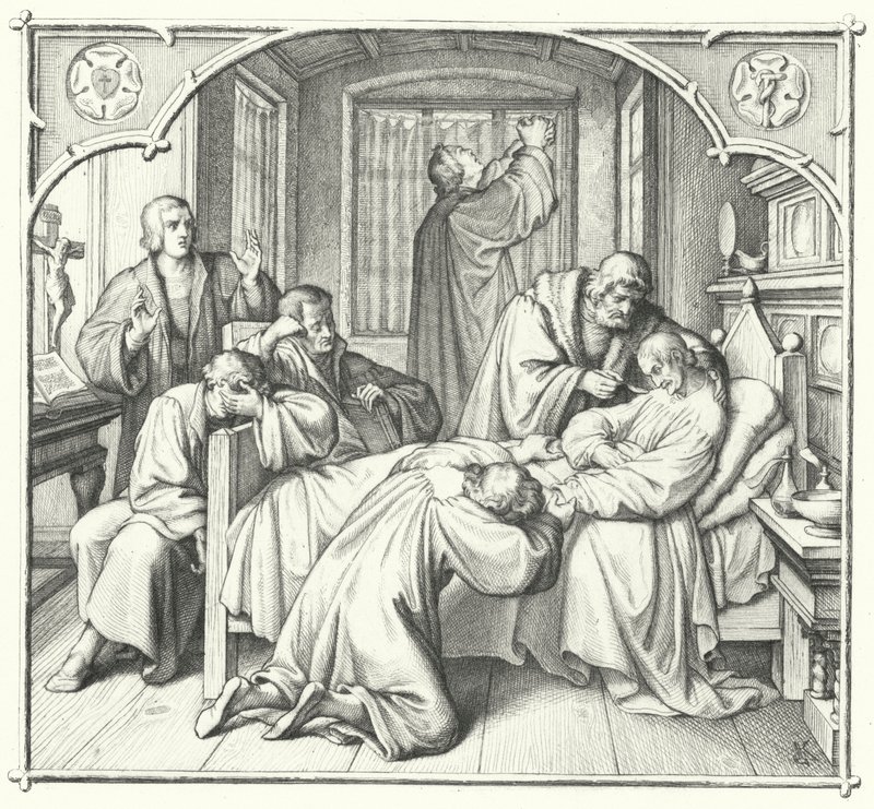 Martin Luther ber vid Philip Melanchthons dödsbädd (gravyr) av Gustav Ferdinand Leopold Konig