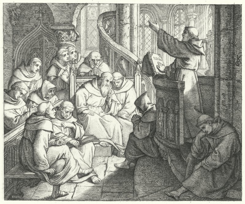 Martin Luther predikar för Johann von Staupitz och de andra munkarna i klostret (gravyr) av Gustav Ferdinand Leopold Konig