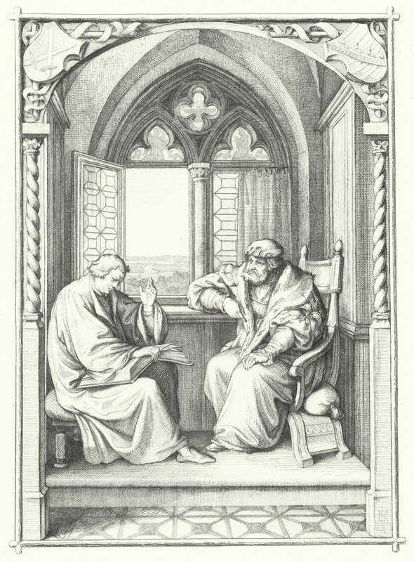 Martin Luther läser ur Bibeln för Johannes, kurfurste av Sachsen (gravyr) av Gustav Ferdinand Leopold Konig