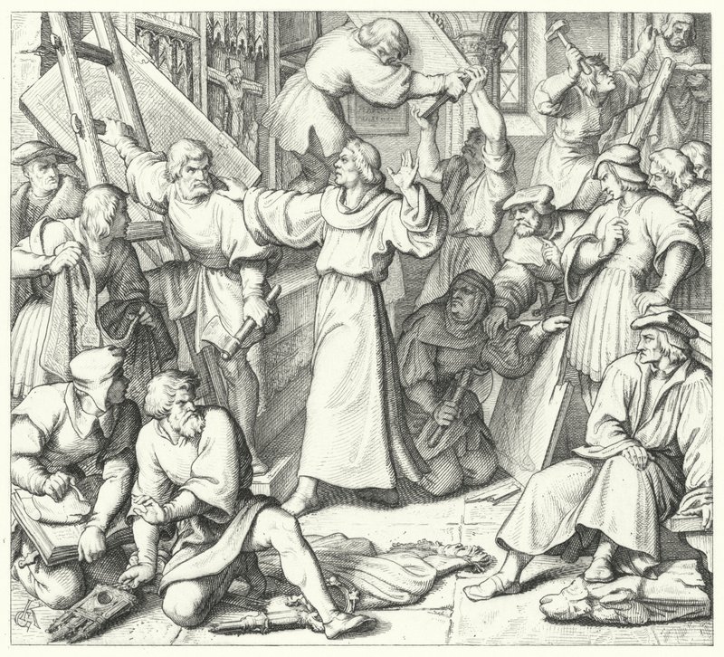 Martin Luther håller tillbaka ikonoklasterna i Wittenberg (gravyr) av Gustav Ferdinand Leopold Konig