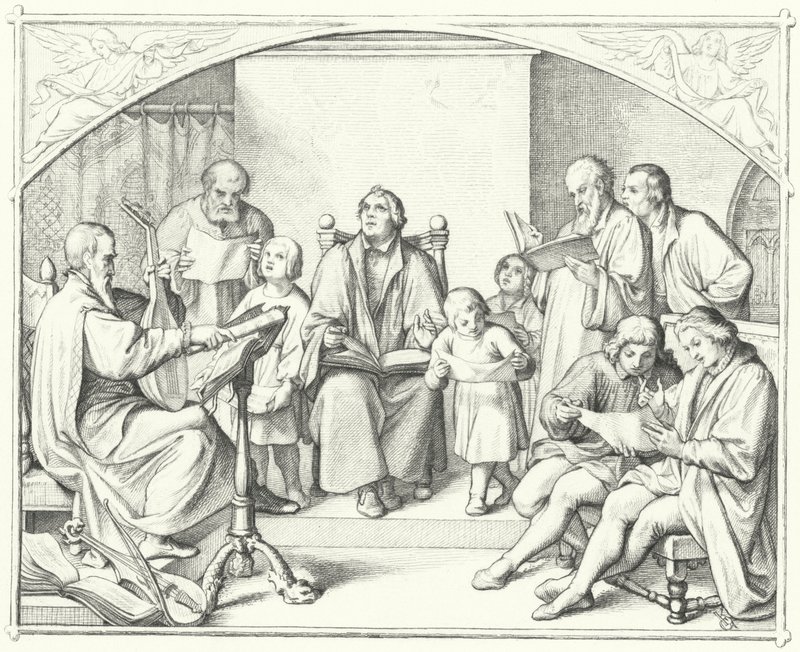 Martin Luther sjunger med en kyrkokör (gravyr) av Gustav Ferdinand Leopold Konig