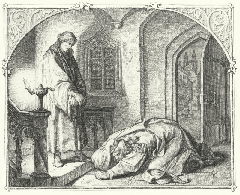 Martin Luther med köpmannen Hans Kohlhase (gravyr) av Gustav Ferdinand Leopold Konig