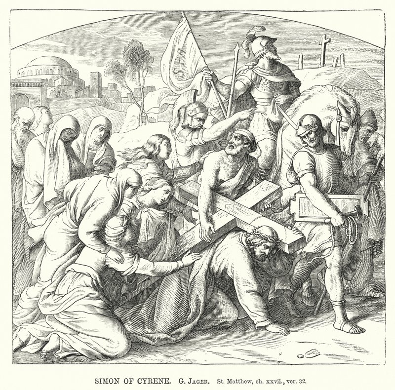 Simon av Cyrene, St Matteus, kap xxvii, ver 32 (gravyr) av Gustav Jager