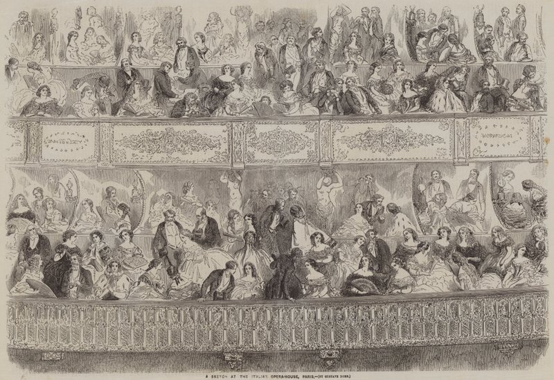 En skiss på det italienska operahuset, Paris av Gustave Dore