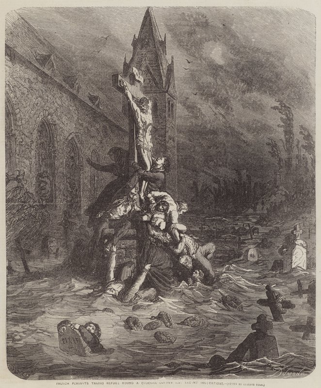 Franska bönder tar sin tillflykt runt ett krucifix av Gustave Dore