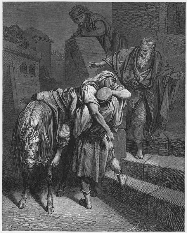 Gustave Dore Bibeln: Den barmhärtige samaritens ankomst till värdshuset av Gustave Dore