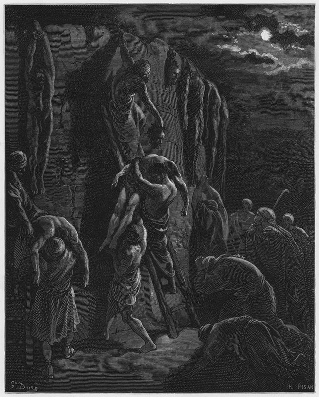 Gustave Dore Bibeln: Invånarna i Jabesh-Gilead hämtar Sauls och hans söners kroppar av Gustave Dore